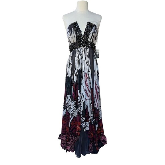NWT Jovani Crepe Georgette Beaded Strapless Gown Abstract Floral Hibiscus Print - Picture 1 of 8